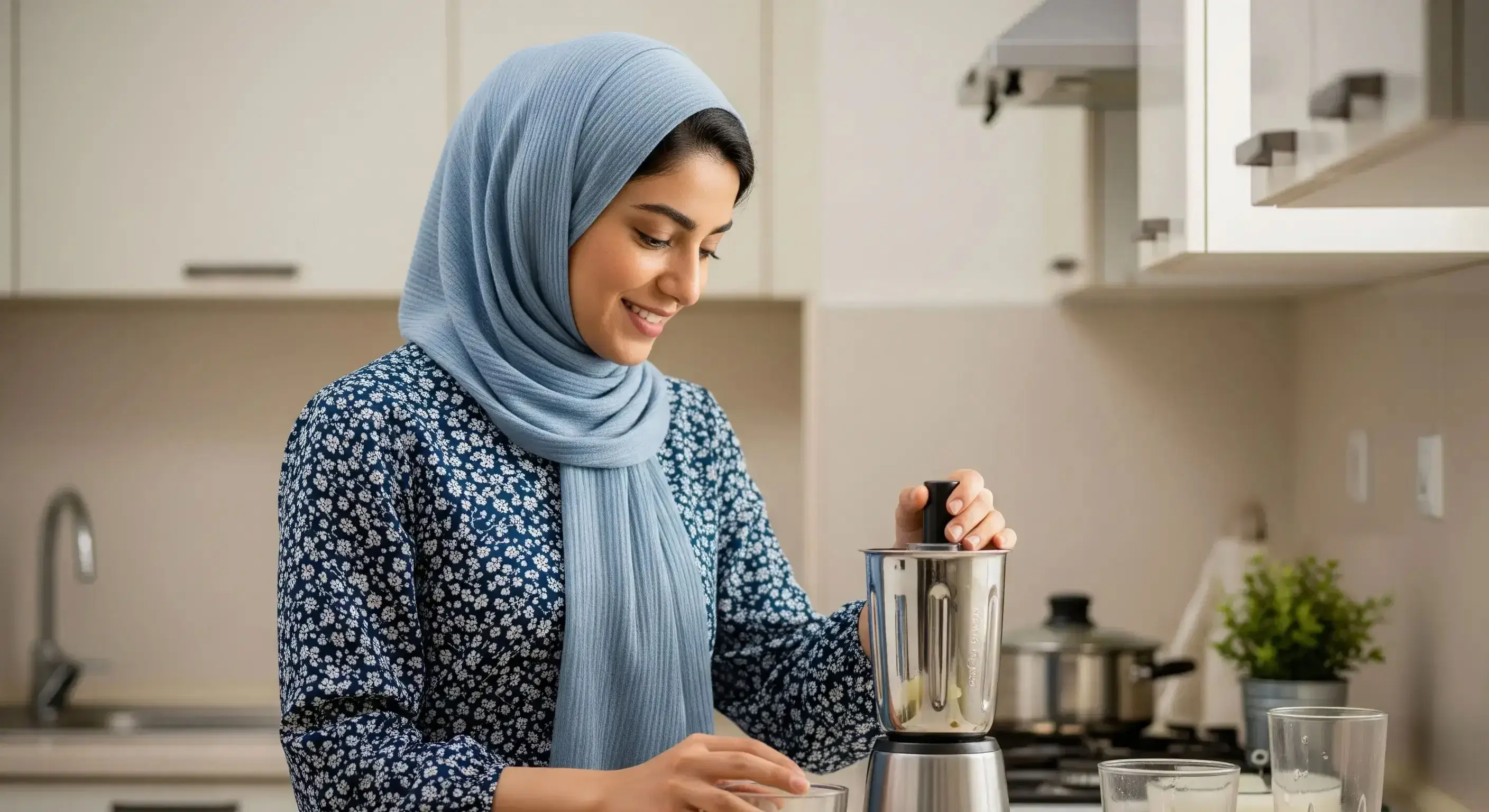 زن جوان ایرانی با حجاب، با لبخندی دلنشین، از مخلوط کن به عنوان یکی از لوازم برقی کوچک و کارآمد آشپزخانه برای تهیه سریع غذا در آشپزخانه مدرن و دنج خود استفاده می‌کند.